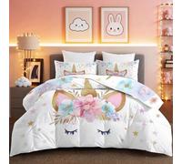 Minimalist WatercolorWhite-Pink Comforter Duvet Cover Set Soft, Unicorns Flowers Print 3 Piece Bedding Set with Pillowcase, 200 x 200 cm All Season Decorative Quilt Cover for Kids Adults