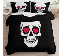 Minimalist White Skull Heart Eyes Double Duvet Cover Set, Microfiber Bedding Set with Pillowcases, Ultrasoft Hypoallergenic Reversible Black Quilt Cover for Kids Girls Teens Adults - 200 x 200 cm