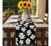 Minimalist White Table Runner 13x72 inch Daisy Black Background Modern Art Cotton Linen Dining Table Runner Ideal for Dresser Kitchen Coffee Tables - Machine Washable