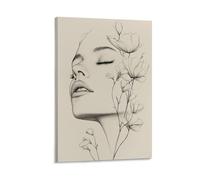 Minimalist Woman Face Line Art Wall Art Elegant Floral Profile Aesthetic Print Living Room Office Modern Black And White Botanical Illustration on Canvas Feminine Home D Gift 08x12inch Frame
