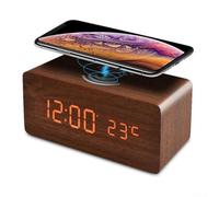 Minimalist Wooden Digital Alarm Clock With Wireless Charging Capability For Certified Mobile Devices(brown)