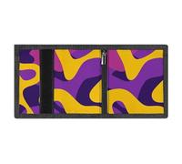 Minimalist Yellow And Purple Pattern Trifold Wallet for Men | Slim Front Pocket with Key Hook | Extra Capacity Billfold with 8 Card Slots | 1 Clear Id Window | 1 Zip Coin Pocket | Gift for Him