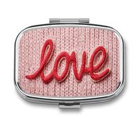 Minimalistic Pink Knitted Yarn Love Word Pill Box 2 Compartment Portable Medicine Pill Case Travel Pill Organizer for Pocket Purse
