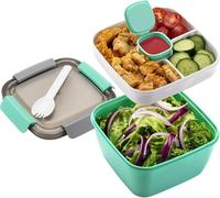 MINIMARG Salad Lunch Box - Large Salad Bowl with Lid, BPA-Free |3-Compartment Bento Box Microwave Safe - Yumbox Style Salad Bowl with Dressing Containers, Built-in Reusable Spoon (Green, Large-1.5L)