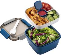 MINIMARG Salad Lunch Box - Large Salad Bowl with Lid, BPA-Free |3-Compartment Bento Box Microwave Safe - Yumbox Style Salad Bowl with Dressing Containers, Built-in Reusable Spoon (Blue, Large-1.5L)