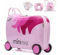 MiniMax 45x36x20cm 29L Kids Ride-On Suitcase 4PCS Set Inc Drawstring Bag, Neck Pillow & 50+ Personalisation Stickers, Easyjet Max Size Childrens Rolling Hand Cabin Luggage 45x36x20 (Unicorn Bundle)