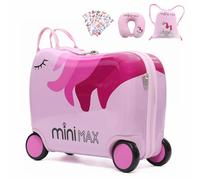 MiniMax 45x36x20cm 29L Kids Ride-On Suitcase 4PCS Set Inc Drawstring Bag, Neck Pillow & 50+ Personalisation Stickers, Easyjet Max Size Childrens Rolling Hand Cabin Luggage 45x36x20 (Unicorn)