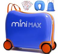 MiniMax 45x36x20cm 29L Kids Ride-On Suitcase 4PCS Set Inc Drawstring Bag, Neck Pillow & 50+ Personalisation Stickers, Easyjet Max Size Childrens Rolling Hand Cabin Luggage 45x36x20 (Blue Bundle)