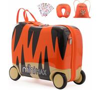 MiniMax 45x36x20cm 29L Kids Ride-On Suitcase 4PCS Set Inc Drawstring Bag, Neck Pillow & 50+ Personalisation Stickers, Easyjet Max Size Childrens Rolling Hand Cabin Luggage 45x36x20 (Tiger Bundle)
