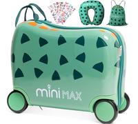 MiniMax Kids Ride-On Suitcase 45x36x20 with Neck Pillow & Drawstring Bag | Easyjet Max Size Travel Luggage Set Childrens Rolling Carry On Hand Cabin Luggage 45x36x20cm & Accessories (Green Dinosaur)