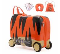 MiniMax Kids Ride-On Suitcase 45x36x20 with Neck Pillow & Drawstring Bag | Easyjet Max Size Travel Luggage Set Childrens Rolling Carry On Hand Cabin Luggage 45x36x20cm & Accessories (Orange Tiger)