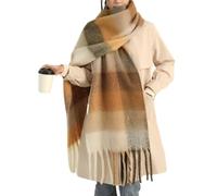 MININAI Chunky Winter Scarfs for Women Cold Weather Warm Knit Thick Plaid Scarf Long Large Oversized Checked Scarves, Khaki, One Size