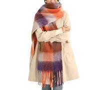 MININAI Thick Winter Scarf for Women, Cold Weather, Warm, Knitted, Thick, Plaid, Long, Large, Oversized, Checkered, Orange/Purple, One size