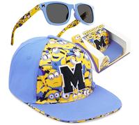 Minions Baseball Cap Sunglasses Set for Boys, Adjustable Sun Hat 100% UV Shades, Kids Travel Holiday Essentials, Boys Gifts (Blue Minions)