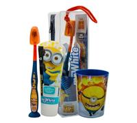 Minions Kids Toothbrush Set Gift | BPA-Free | Extra Soft Bristles Toothbrush with Protection Cap, Suction Cup, Mint Flavour Toothpaste, Multi-Purpose Cup, Toiletry Bag for Children Aged 3-12