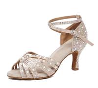 Minishion Comfortable High Heel Dance Shoes for Women Pearl Beaded Wedding Sandals, l506 nude 3 inch heel, 7 UK