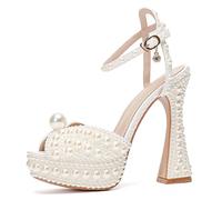 Minishion Womens Platform Wedding Shoes Slingback High Heel Party Evening Sandals with Pearl, Lh003 Ivory 14cm Heel, 5 UK