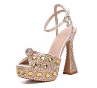 Minishion Womens Platform Wedding Shoes Slingback High Heel Party Evening Sandals with Pearl, Lh151 Gold 14cm Heel, 8 UK