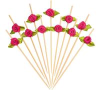 Minisland Hot Pink Rose Flower Cocktail Picks, 4.7 Inch Long Bamboo Fancy Toothpicks for Appetizers, Bridal Shower Wedding Valentines Party Food Drinks Fruit Kabob Skewer Sticks 100 Counts - MSL221