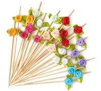 Minisland Multicolor Rose Flower Cocktail Picks, 4.7 Inch Long Bamboo Fancy Toothpicks for Appetizers, Bridal Shower Wedding Valentines Party Food Drinks Garnish Fruit Skewer Sticks 100 Counts -MSL129