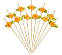 Minisland Orange Rose Flower Cocktail Picks, 4.7 Inch Long Bamboo Fancy Toothpicks for Appetizers, Decorative Fall Thanksgiving Valentines Party Food Drinks Fruit Skewer Sticks 100 Counts - MSL224