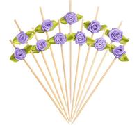 Minisland Purple Rose Flower Cocktail Picks, 4.7 Inch Long Bamboo Fancy Toothpicks for Appetizers, Decorative Bridal Wedding Valentines Party Food Drinks Fruit Kabob Skewer Sticks 100 Counts -MSL226