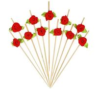 Minisland Red Rose Flower Cocktail Picks, 4.7 Inch Long Bamboo Fancy Toothpicks for Appetizers, Decorative Bridal Wedding Valentines Party Food Drinks Garnish Fruit Skewer Sticks 100 Counts - MSL220