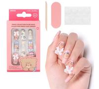 MINISO Mikko Press On Nails, 24pcs Square False Nails Pink with Gradient Stick, Cute Cartoon Glue on Nail French Tips with 3D Bow and Rhinestones, Full Cover Nail Art Accessories for Women