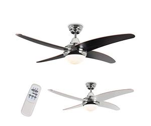 MiniSun | 48" / 122cm Silver Chrome and Dark Wood Blade Ceiling Fan with Frosted Opal Shade | Home Décor, Bedside & Desk Lamp | Includes Remote Control | Mains Wired