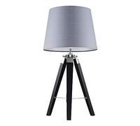 MiniSun | Black Wood and Silver Chrome Tripod Table Lamp with a Grey Light Shade | Home Décor, Bedside & Desk Lamp | Includes Bulb [3000K Warm White]