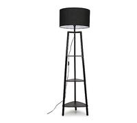 MiniSun | Black Wooden 3 Tier Floor Standard Lamp with Storage Shelves Bedroom Living Room Lounge Light - Black Shade + LED Bulb | Floor Lamps & Home Improvements Essential