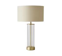 MiniSun | Contemporary Matt Gold & Clear Tube Table Lamp with a Beige Cylinder Shade | Home Décor, Bedside & Desk Lamp | Includes Bulb [3000K Warm White]