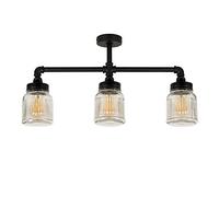 MiniSun | Industrial Steampunk Style Satin Black 3 Way Bar Ceiling Light with Clear Glass Ribbed Pattern Jar Shades - Complete with 4w LED Bulbs | Ceiling Lights & Home Improvements Essential