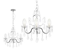 MiniSun | Modern 3 Way Silver Chrome Ceiling Light Chandelier with Clear Glass Droplets | Home Décor, Bedside & Desk Lamp