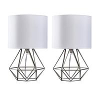 MiniSun | Modern Brushed Chrome Metal Basket Cage Bed Side Table Lamps with White Fabric Shades | Table Lamps, Home Décor & Improvement Essential | Set of 2