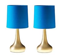MiniSun | Modern Chrome Teardrop Touch Table Lamps with Blue Fabric Shades | Table Lamps, Home Décor & Improvement Essential | Set of 2 | Includes 5W LED Bulbs [3000K Warm White]