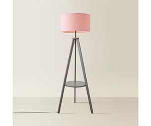 MiniSun | Modern Grey Wood Tripod Design Floor Lamp with Storage Shelf & Pink Drum Shade | Floor Lamps & Home Improvements Essential