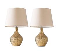 MiniSun | Modern Metallic Gold Indent Textured Ceramic Table Lamps with a Beige Tapered Shade | Home Décor, Bedside & Desk Lamp | Set of 2 | Includes Bulb [3000K Warm White]