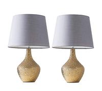 MiniSun | Modern Metallic Gold Indent Textured Ceramic Table Lamps with a Grey Tapered Shade | Home Décor, Bedside & Desk Lamp | Set of 2 | Includes Bulb [3000K Warm White]