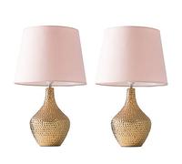 MiniSun | Modern Metallic Gold Indent Textured Ceramic Table Lamps with a Pink Tapered Shade | Home Décor, Bedside & Desk Lamp | Set of 2