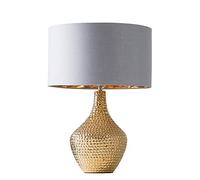 MiniSun | Modern Metallic Gold Textured Ceramic Table Lamp with a Grey/Gold Drum Shade | Home Décor, Bedside & Desk Lamp | Includes Bulb [3000K Warm White]