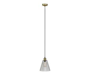 MiniSun | Modern Satin Gold Suspended Ceiling Pendant Light Fitting with a Ribbed Clear Glass Shade | Pendant Lights, Home Décor Essential | Includes Bulb | Includes Full Wired Fitting | Mains Wired