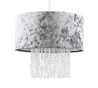 MiniSun | Modern Silver Grey Velvet Ceiling Pendant Light Shades with Clear Acrylic Droplets | Pendant Lights, Home Décor & Improvement Essential | Includes Bulb [3000K Warm White] | 330mm Shade Width