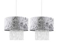 MiniSun | Modern Silver Grey Velvet Ceiling Pendant Light Shades with Clear Acrylic Droplets | Pendant Lights, Home Décor & Improvement Essential | Set of 2 | Includes Bulb | 330cm Shade Width