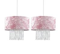 MiniSun | Modern Silver Pink Velvet Ceiling Pendant Light Shades with Clear Acrylic Droplets | Pendant Lights, Home Décor & Improvement Essential | Set of 2 | Includes Bulb | 350cm Shade Width