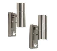MiniSun | Modern Stainless Steel Up/Down Security Wall Lights with PIR Motion Sensor | Security Lighting, Home Décor & Improvement Essential | Set of 2 | Mains Wired