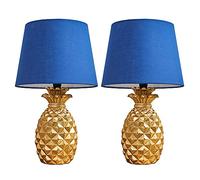 MiniSun | Pair of - Contemporary Pineapple Design Table Lamps in a Gold Effect Finish with Navy Blue Tapered Shades | Table Lamps & Home Improvements Essential