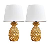 MiniSun | Pair of - Contemporary Pineapple Design Table Lamps in a Gold Effect Finish with White Tapered Shades | Table Lamps & Home Improvements Essential