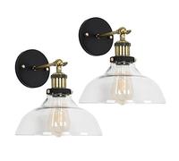 MiniSun | Pair of - Industrial Steampunk Style Black and Gold Wall Light Fittings with Clear Glass Wide Shade Design Light Shades | Wall Lights & Home Improvements Essential