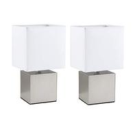 MiniSun | Pair of Modern Brushed Chrome Cube Design Touch Dimmer with a White Fabric Light Shade - Complete with 5w LED Dimmable Candle Bulbs | Table Lamps & Home Improvements Essential